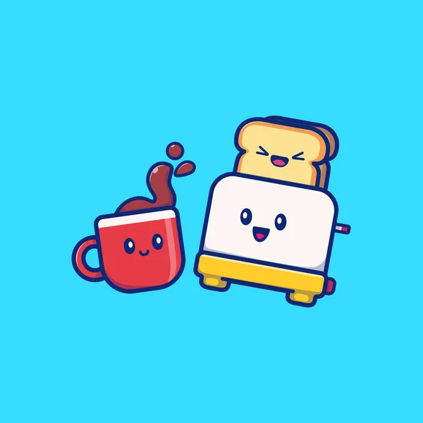 Schattige Koffie Met Geroosterd Brood Cartoon Vector Icoon Illustratie Ontbijt — Stockvector