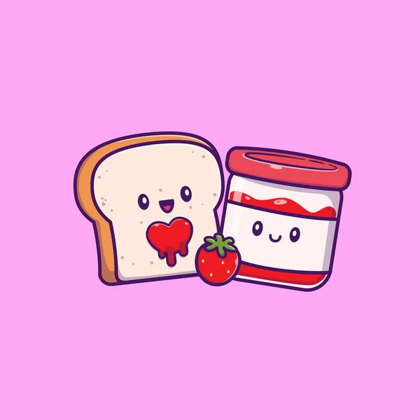 Roztomilý Chléb Roztomilou Jahodovou Marmeládou Cartoon Vector Iconillustration Food Object — Stockový vektor