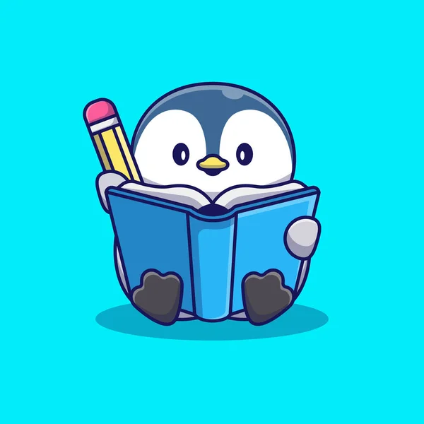 Carino Pinguino Scrittura Con Libro Matita Cartone Animato Vectoricon Illustrazione — Vettoriale Stock