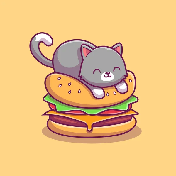 Şirin Kedi Burger Çizgi Filmi Vektör Simgesi Çizimi Hayvan Yiyeceği — Stok Vektör