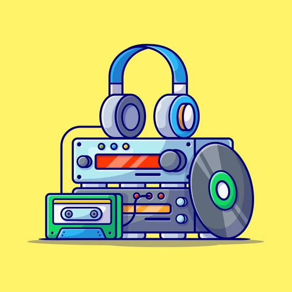 Muziekmotor Sound Player Met Vinyl Cassette Hoofdtelefoon Cartoon Vector Icon — Stockvector