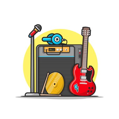 Müzik Enstrümanı Konseri Gitar, Mikrofon, Davul ve Kulaklıklı Çizgi Film Vektör Simgesi İllüstrasyonu. Teknoloji Sanatı Simgesi İzole Edilmiş Premium Vektörü. Düz Çizgi Film Biçimi