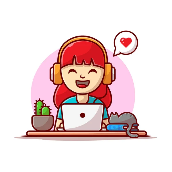Happy Girl Listening Music Headphone Laptop Cat Book Plant Cartoon — 스톡 벡터