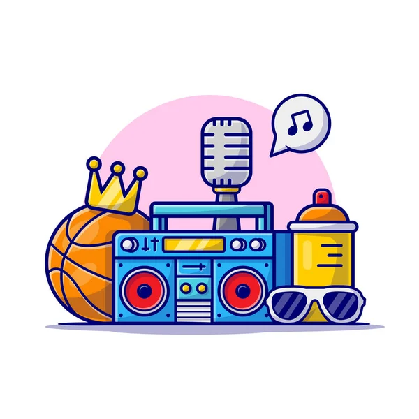 Hip Hop Musica Con Basket Boombox Occhiali Corona Microfono Cartoon — Vettoriale Stock