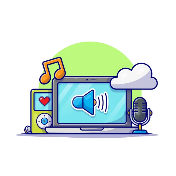 Cloud Muziek Met Laptop Microfoon Muziek Speler Notitie Van Muziek — Stockvector