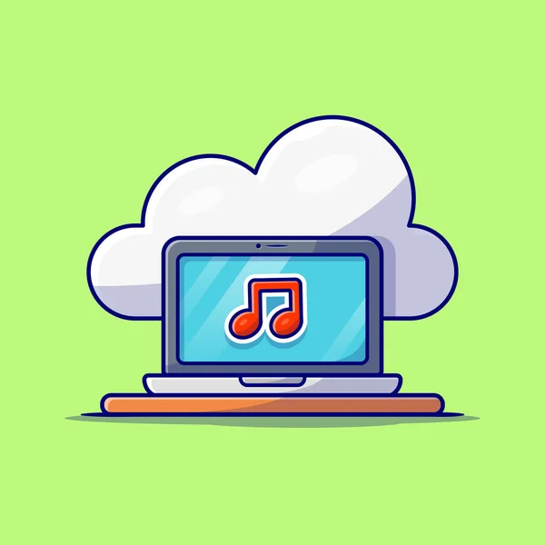 Cloud Music Icône Avec Ordinateur Portable Note Musique Dessin Animé — Image vectorielle