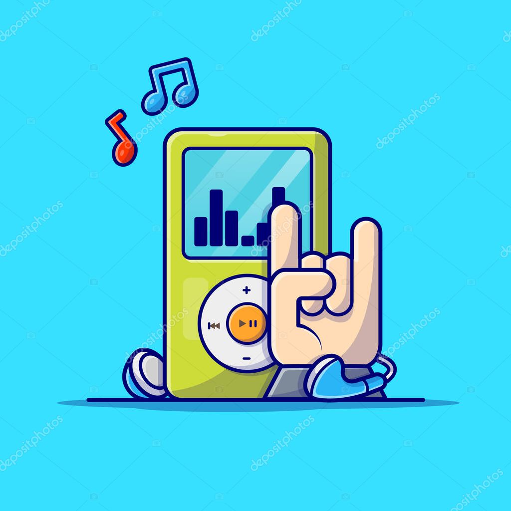 Ipod Digital Audio Music Player with Hand Rock and Music Cartoon Vector Icon Illustration. Technology Art Icon Concept Isolated Premium Vector. Flat Cartoon Style