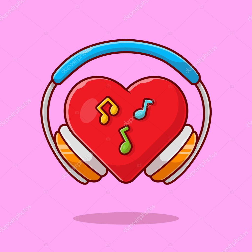 Red Heart Love Music with Headphone, Note, and Tune Music Cartoon Vector Icon Illustration. Technology Art Icon Concept Isolated Premium Vector. Flat Cartoon Style