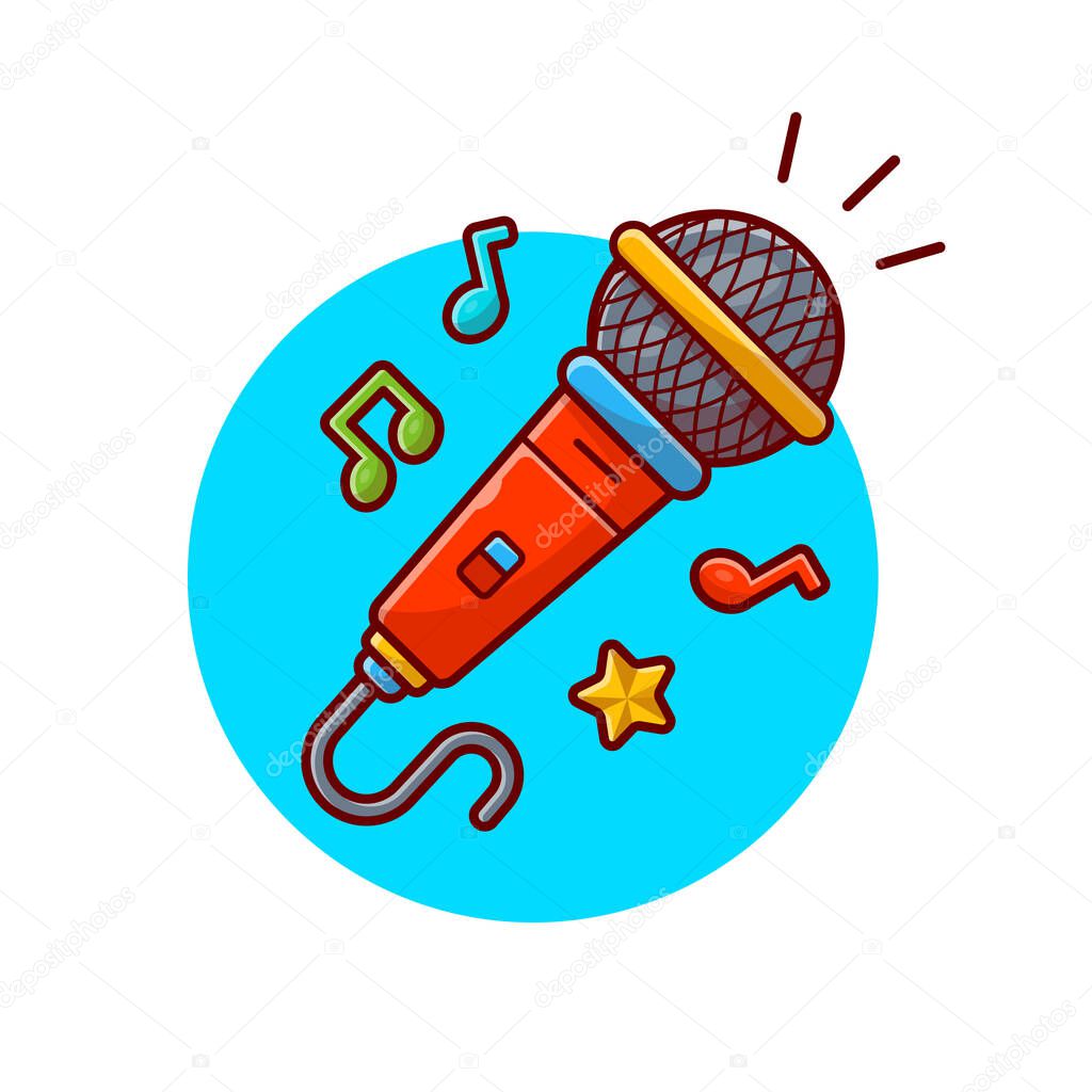 Microphone with Note and Tune of Music Cartoon Vector Icon Illustration. Technology Art Icon Concept Isolated Premium Vector. Flat Cartoon Style
