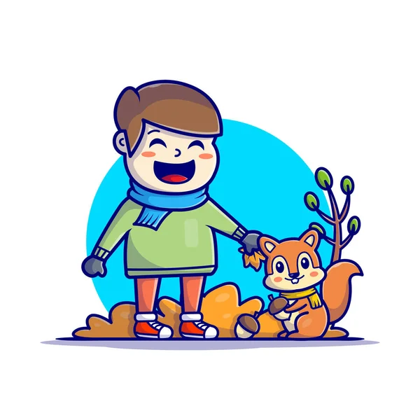 Happy Cute Boy Cute Squirrel Acorns Cartoon Vector Icon Illustration — Stock Vector