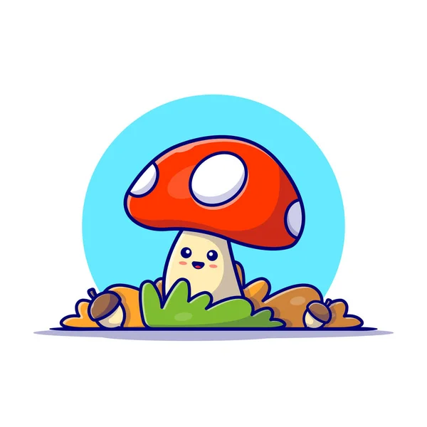 Happy Cute Mushroom Acorns Autumn Cartoon Vector Icon Illustration Nature — Stock Vector
