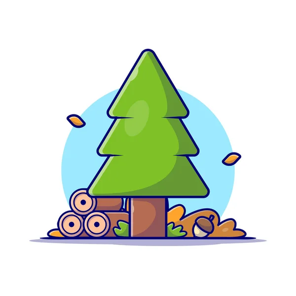 Pinus Tree Woods Acorn Autumn Season Cartoon Vector Icon Illustration — Stock Vector