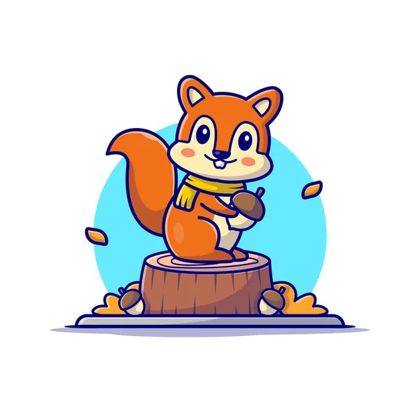Happy Cute Squirrel Holding Acorn Cartoon Vector Icon Illustration Animal — Stock Vector