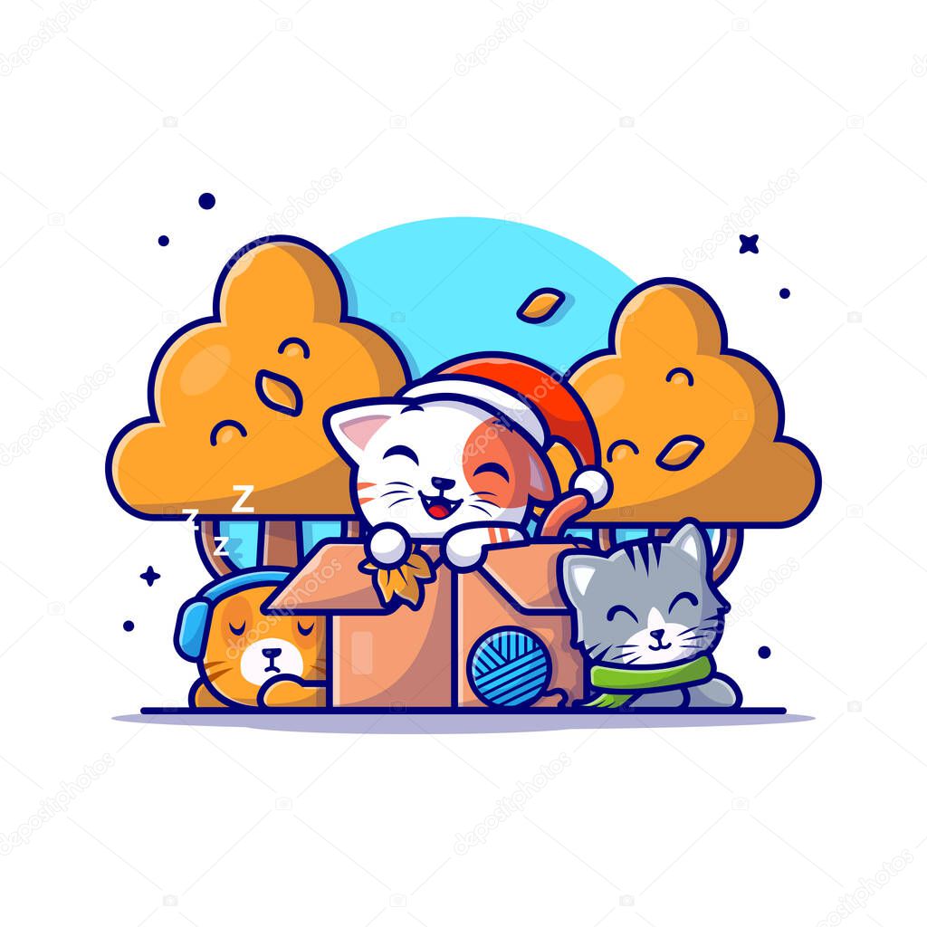 Happy Cute Cats in Box Autumn Cartoon Vector Icon Illustration. Animal Nature Icon Concept Isolated Premium Vector. Flat Cartoon Style