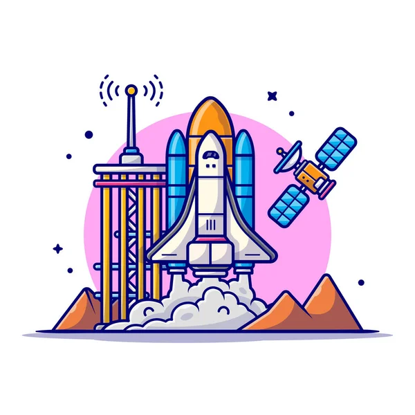 Traslado Espacial Despegando Con Torre Satélite Montaña Icono Dibujos Animados — Vector de stock