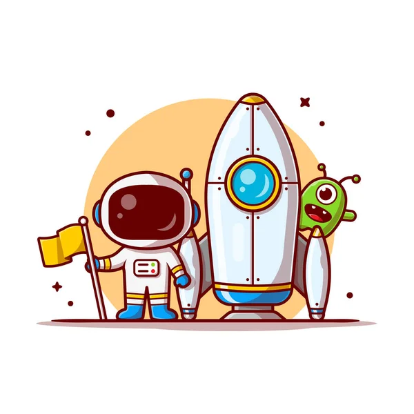 Netter Astronaut Standing Holding Flagge Mit Rakete Und Cute Alien — Stockvektor