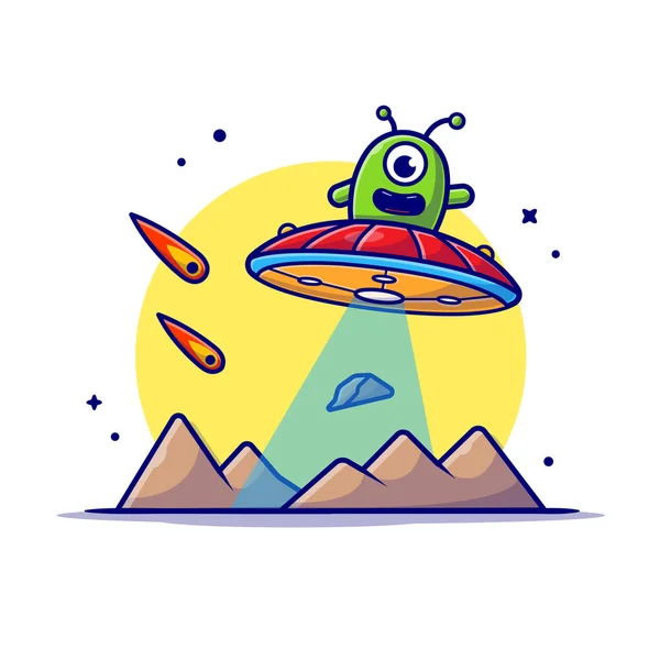 Ufoと隕石宇宙漫画ベクトルアイコンイラストで地球上を飛ぶかわいい外国人 科学技術アイコンコンセプト絶縁プレミアムベクトル 平漫画風 — ストックベクタ