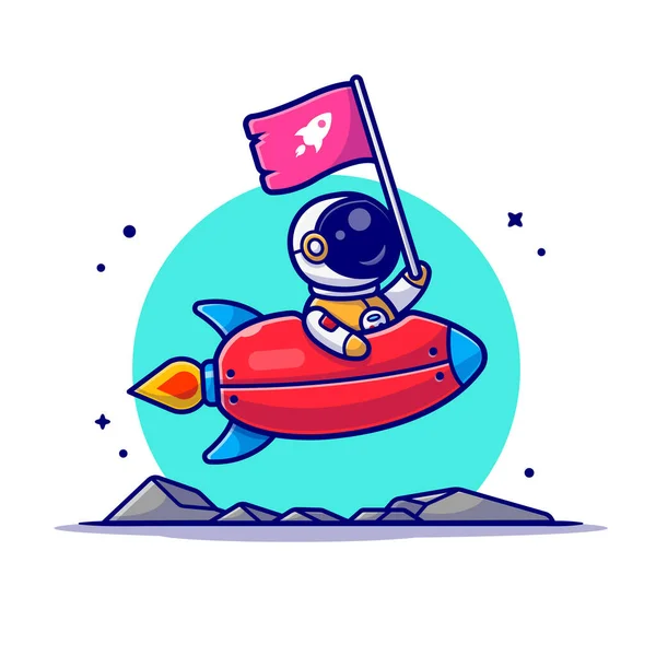 Mignon Astronaute Tenant Drapeau Avec Fusée Équitation Dans Espace Illustration — Image vectorielle