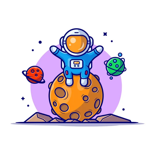 Cute Astronaut Sitting Planet Space Cartoon Vector Icon Illustration Science — Stock Vector