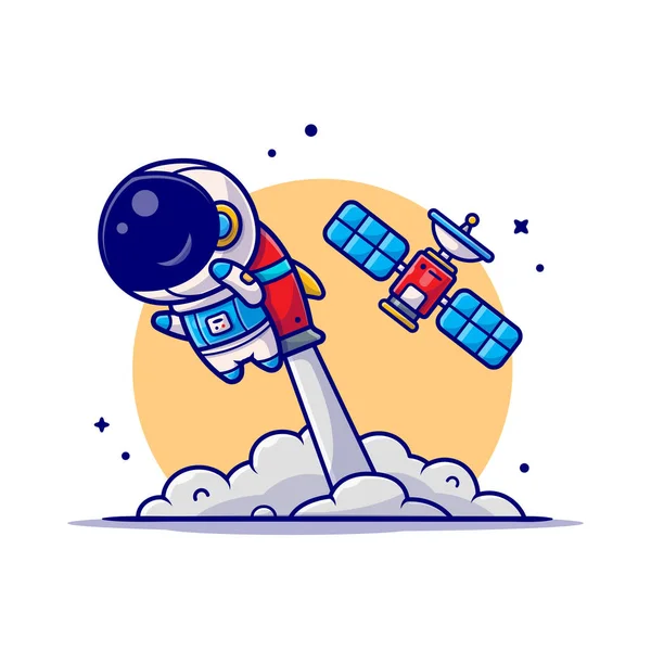 Lindo Astronauta Volando Con Cohete Satélite Dibujos Animados Icono Ilustración — Vector de stock