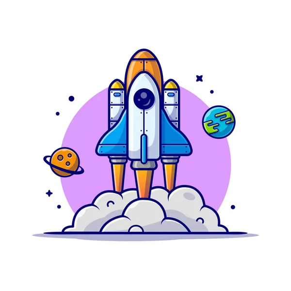 Space Shuttle Stijgt Met Planet Earth Space Cartoon Vector Icon — Stockvector