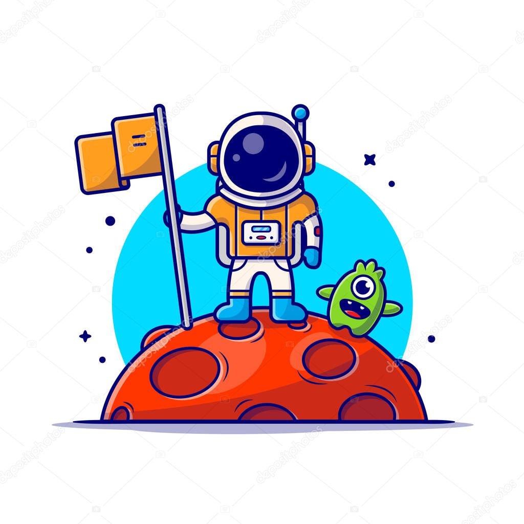 Cute Astronaut Standing Holding Flag on Moon with Cute Alien Space Cartoon Vector Icon Illustration. Science Technology Icon Concept Isolated Premium Vector. Flat Cartoon Style