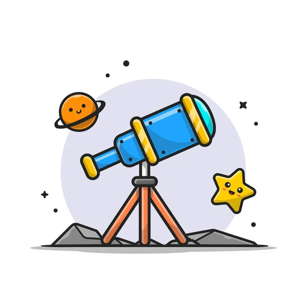 Teleskop Astronomie Betrachtung Niedlichen Planeten Und Cute Star Cartoon Vector — Stockvektor