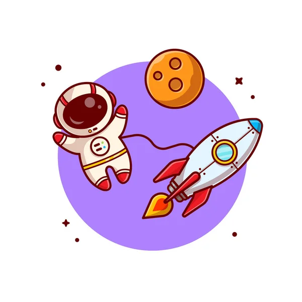 Söt Astronaut Flyter Med Raket Rymden Tecknad Vektor Ikonen Illustration — Stock vektor