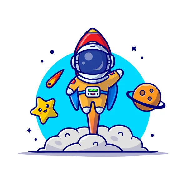 Lancio Astronauta Carino Con Rocket Cartoon Vector Icon Illustration Scienza — Vettoriale Stock