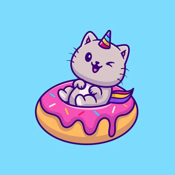 Kat Eenhoorn Met Donut Cartoon Vector Icoon Illustratie Diervoeder Icon — Stockvector