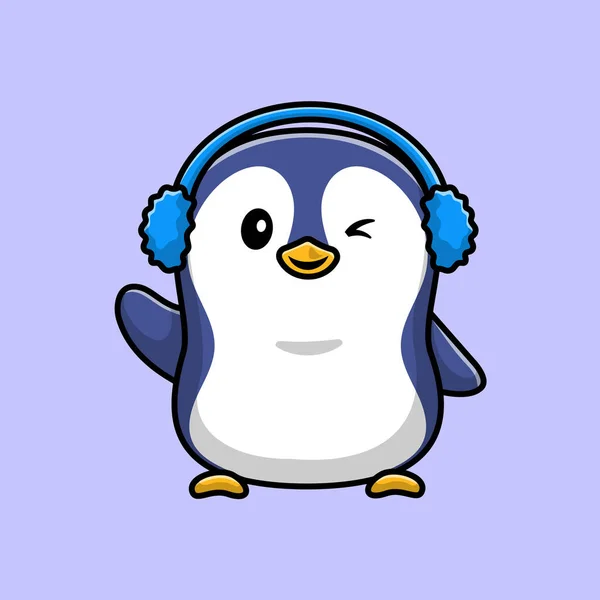 Grazioso Pinguino Indossare Paraorecchie Cartone Animato Vettoriale Icona Illustrazione Animal — Vettoriale Stock