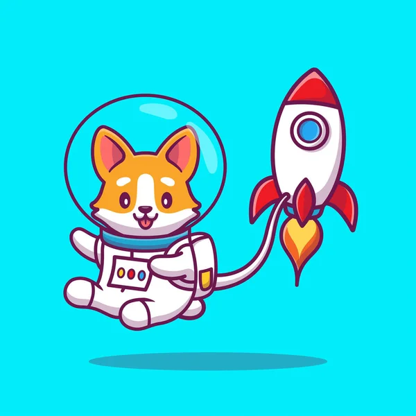 Cute Corgi Astronaut Rocket Cartoon Vector Icon Illustration Animal Space — Stock Vector
