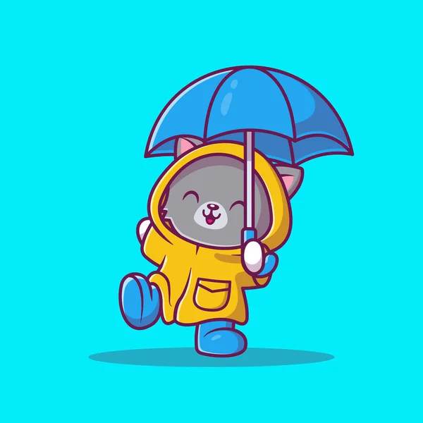 Yağmurluklu Şirin Kedi Şemsiye Çizgi Filmi Vektör Simgesi Çizimi Hayvan — Stok Vektör