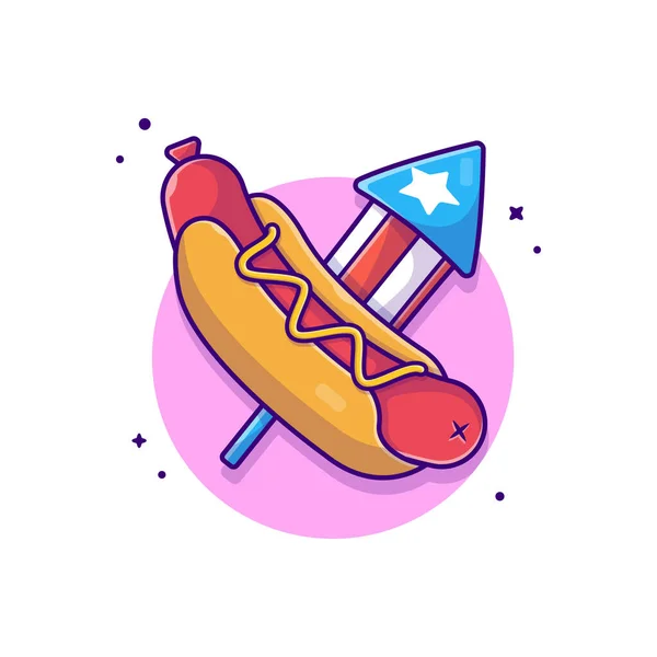 Tasty Hotdog Usa Den Nezávislosti Fireworks Cartoon Vector Icon Illustration — Stockový vektor