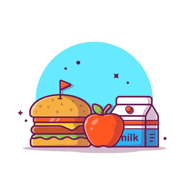 Burger Γάλα Σημαία Και Apple Φρούτα Γελοιογραφία Εικονογράφηση Διάνυσμα Εικόνα — Διανυσματικό Αρχείο