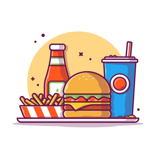 法式薯条汉堡和苏打卡通病媒图解 食物物体图标概念隔离溢价向量 平面卡通风格 — 图库矢量图片