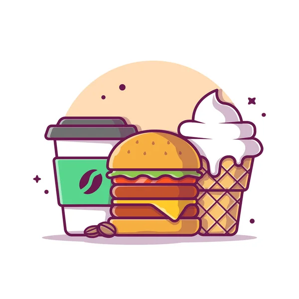Burger Med Kopp Kaffe Och Glass Tecknad Vektor Ikon Illustration — Stock vektor