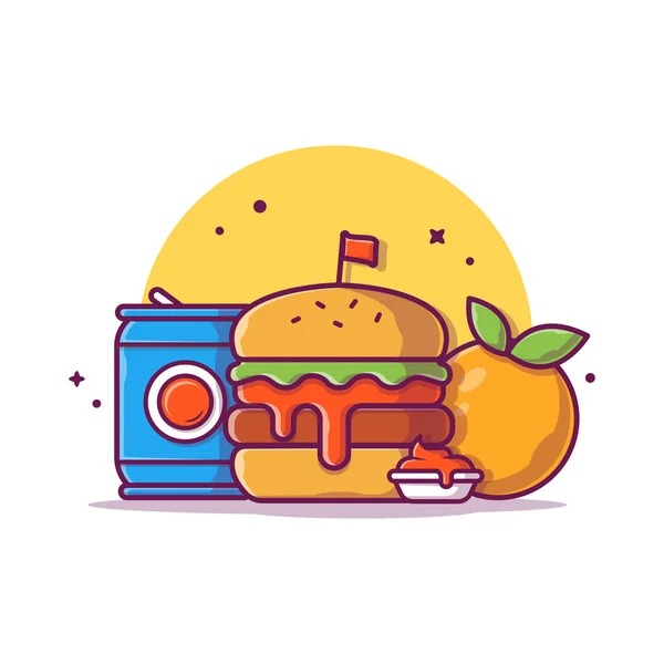 Burger Szódával Ketchuppal Narancsos Gyümölcsös Rajzfilm Vektoros Ikon Illusztrációval Élelmiszer — Stock Vector