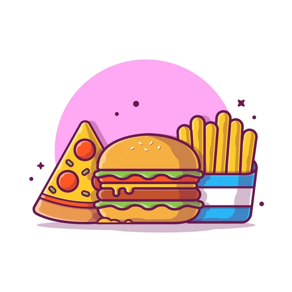 带披萨片的汉堡和法国薯条漫画病媒图标图解 食物物体图标概念隔离溢价向量 平面卡通风格 — 图库矢量图片