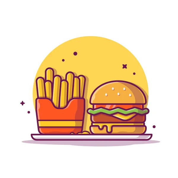 Burger Med Franska Fries Tecknad Vektor Ikonillustration Food Object Icon — Stock vektor