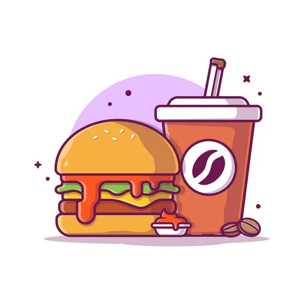 带咖啡和番茄酱的汉堡卡通病媒图标说明 食物物体图标概念隔离溢价向量 平面卡通风格 — 图库矢量图片