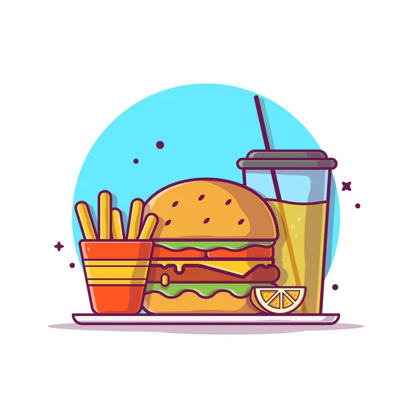 Burger Orange Juice Lemon Mustard French Friescartoon Vector Icon Illustration — Stock Vector