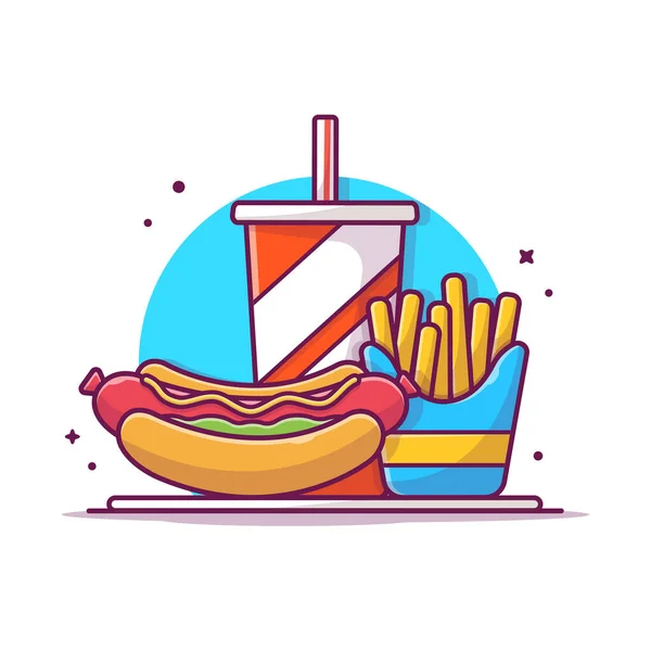 Hotdog Pommes Frites Och Mjuk Dricka Tecknad Vektor Ikonillustration Food — Stock vektor