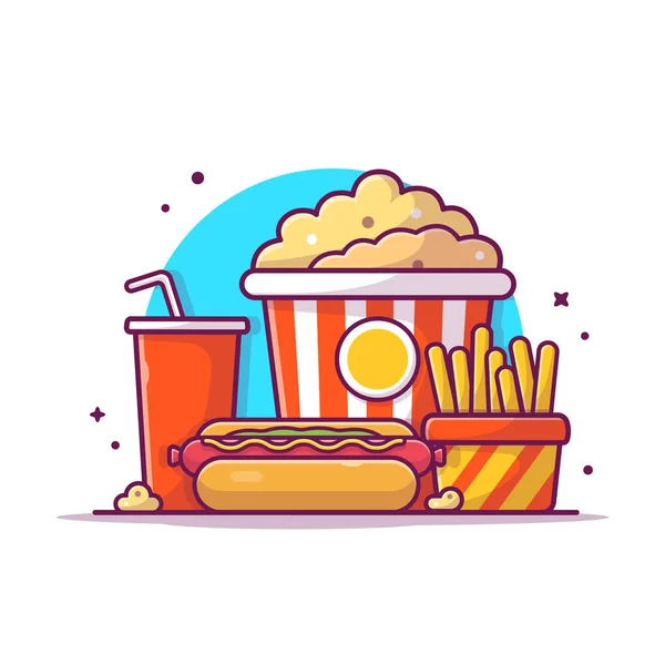 Smaczny Combo Menu Hotdog Popcornem Sodą Frytkami Ilustracja Wektora Kreskówki — Wektor stockowy
