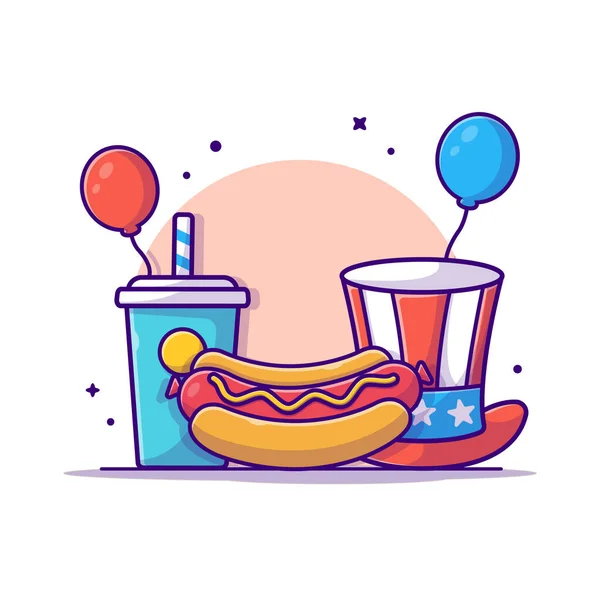 Smaklig Hotdog Med Usa Självständighetsdagen Flagga Soda Hatt Och Ballong — Stock vektor
