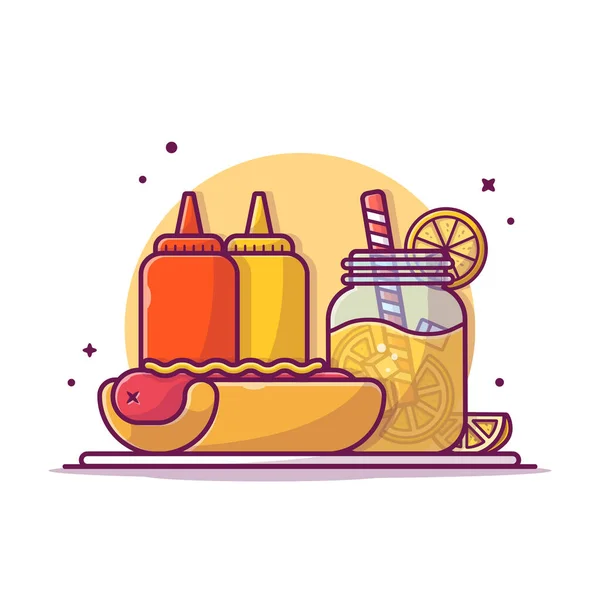 Chutné Combo Menu Hotdog Pomerančovým Džusem Kečupem Hořčičnou Kreslenou Ikonou — Stockový vektor