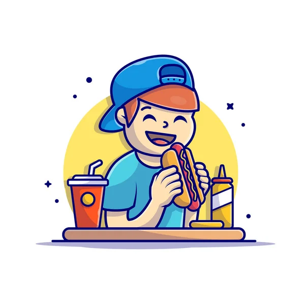 Happy Man Holding Eszik Hotdog Sült Krumplival Szóda Mustár Rajzfilm — Stock Vector