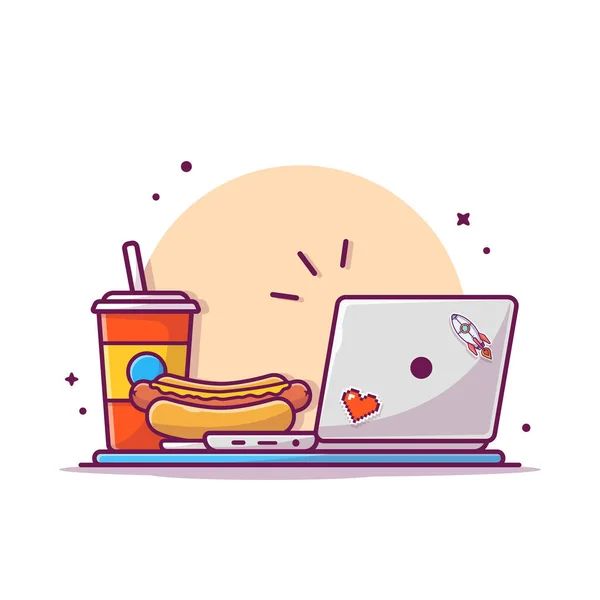 Lekkere Hotdog Met Mosterd Soda Online Laptop Cartoon Vector Icon — Stockvector