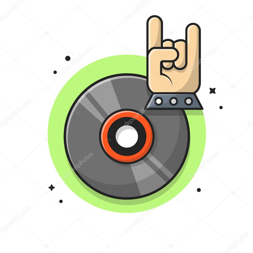 Vinyl Disk Music with Metal and Rock Hand Music Cartoon Vector Icon Illustration. Recreation Object Icon Concept Isolated Premium Vector. Flat Cartoon Style