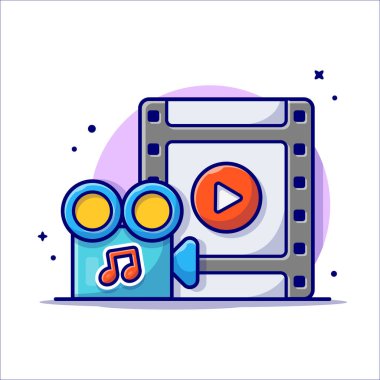 Play Button ve Note of Music Cartoon Vector Illustration ile canlı müzik videosu. Teknoloji Sanatı Simgesi İzole Edilmiş Premium Vektörü. Düz Çizgi Film Biçimi